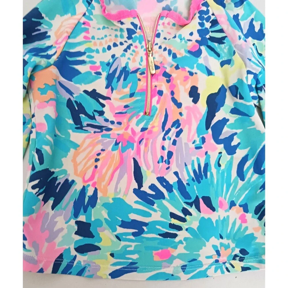 Lilly Pulitzer Luxletic Girls 1/4 Zip Rash Guard Swim Top Sz S (4-5) UPF 50+